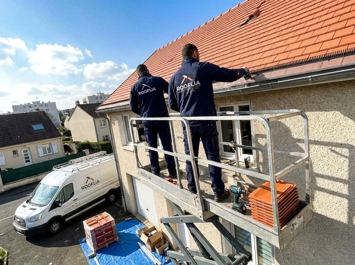 Deux couvreurs Rooflia sur une nacelle à Massy, reprise de l'égout d'une toiture en tuiles mécaniques orange, camionnette Rooflia garée devant, immeubles en arrière-plan